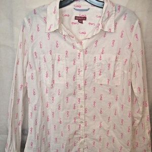 Merona L/S Button Down White Pink Seahorses Top M